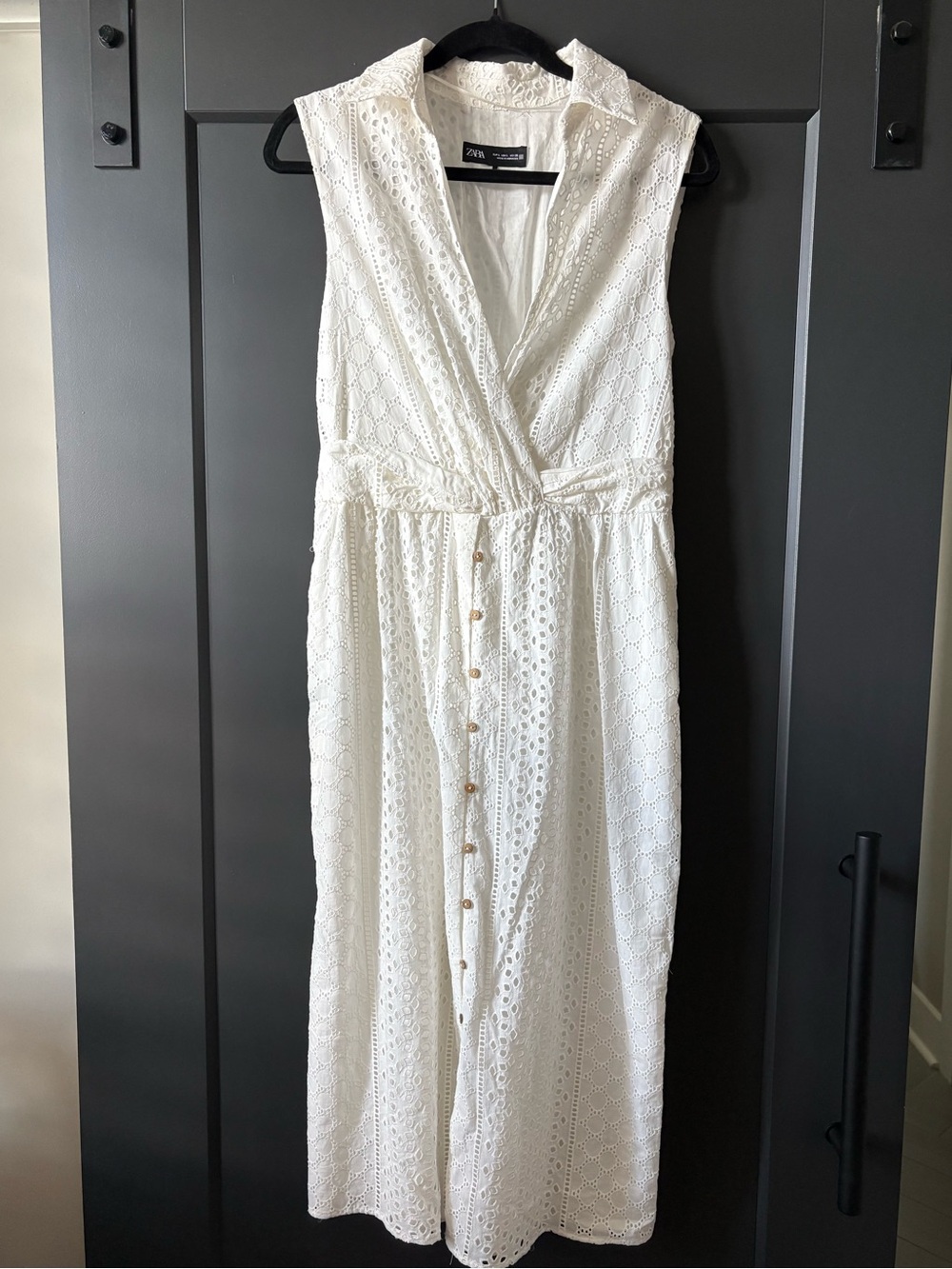 Zara White Eyelet Maxi Dress with Button Front